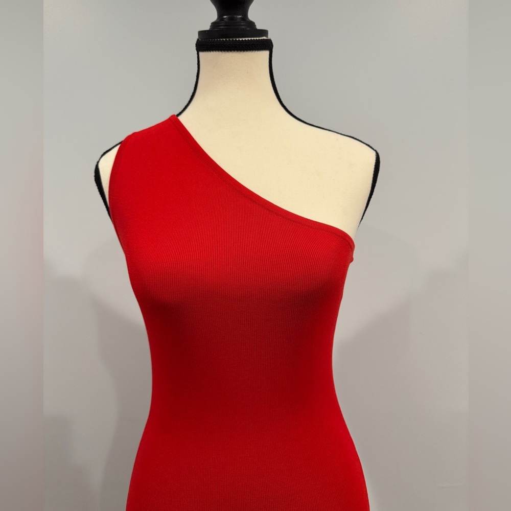 One-shouldered, red knit dress.